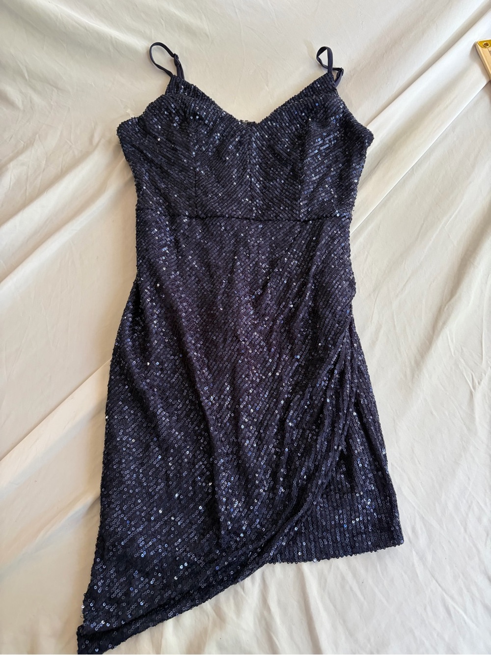Crystal Sky Women's Size Large Navy Sequin Mini Dress Asymmetrical Hem